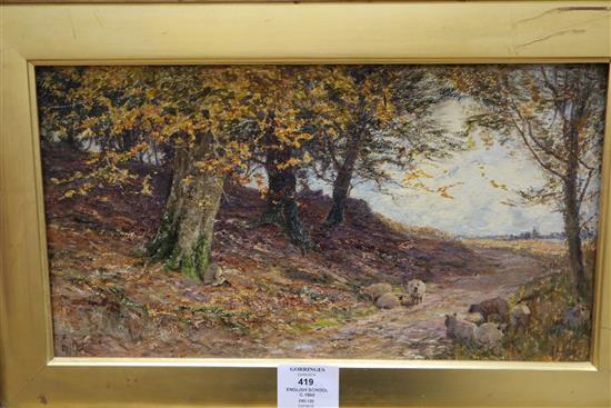 English School c.1900, oil on board, Sheep in an autumn landscape, indistinctly signed, 20 x 37cm